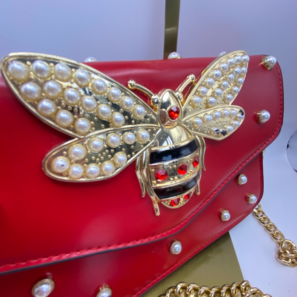 Chic Red Clutch with Gold Bee Accent